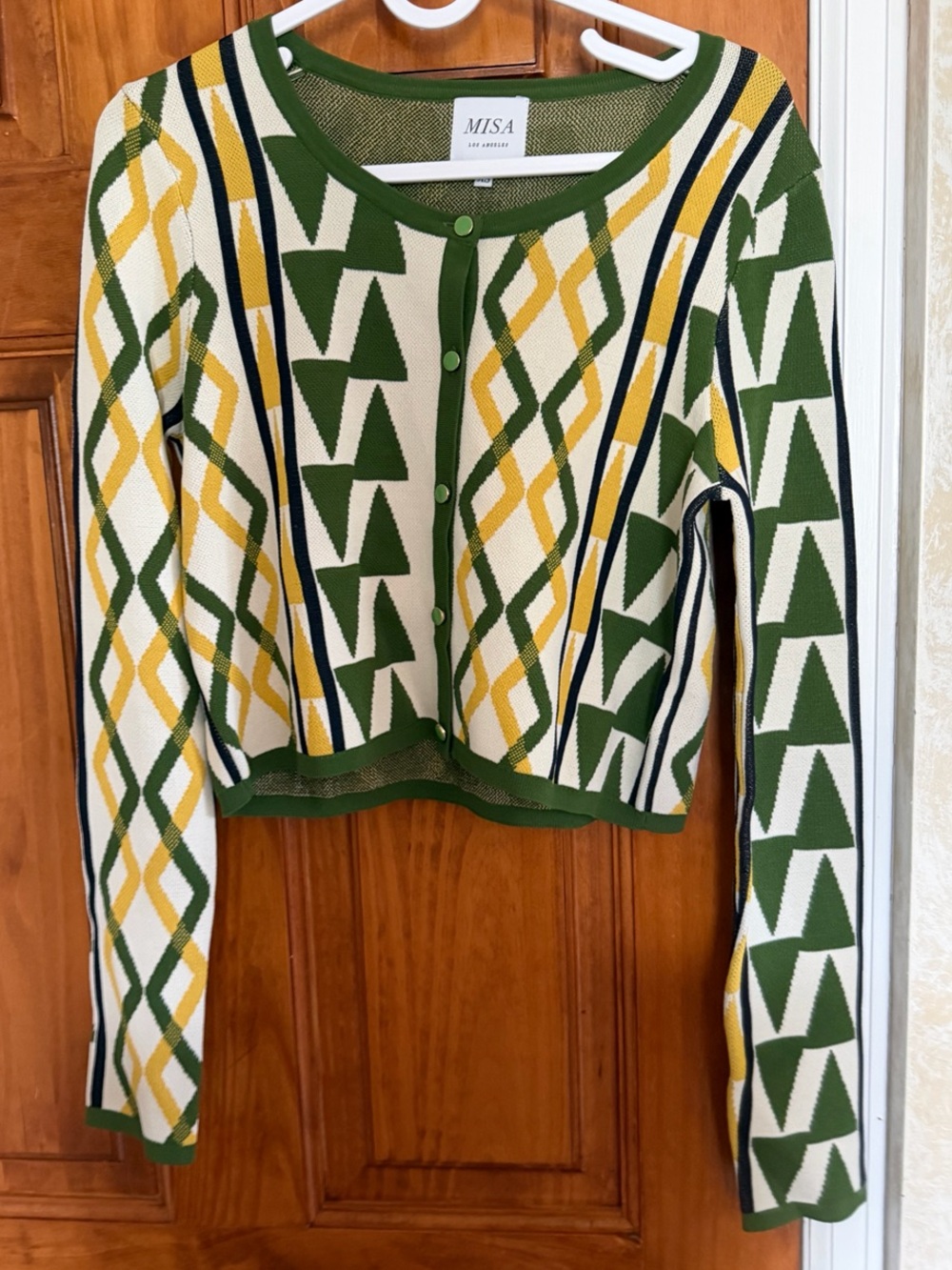 Misa Los Angeles Green, Cream & Yellow Geometric Button-Front Knit Cardigan